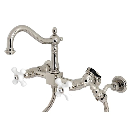 Kingston Brass Heritage Wall Mount Bridge Kitchen Faucet W/Brass Sprayer, Nickel KS1266PXBS